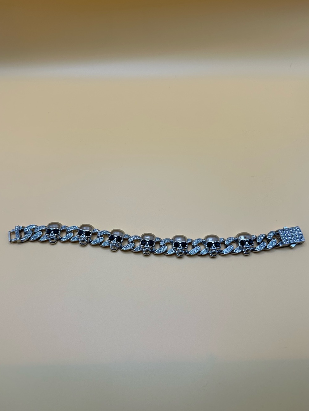 Silver Skull Link Bracelet with Rhinestone- Pave Accent Chain